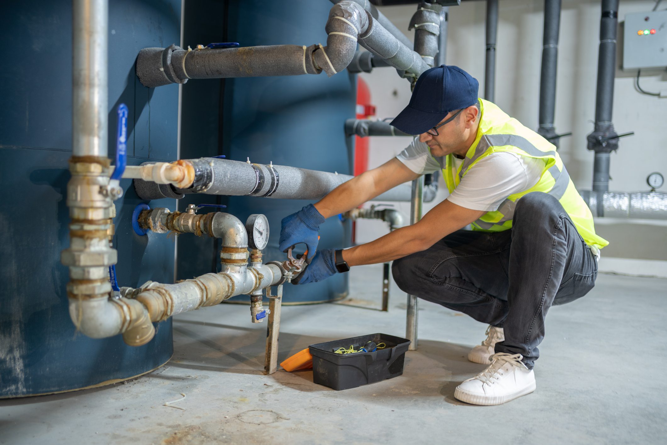 Worker fixing industrial pipes in facility.