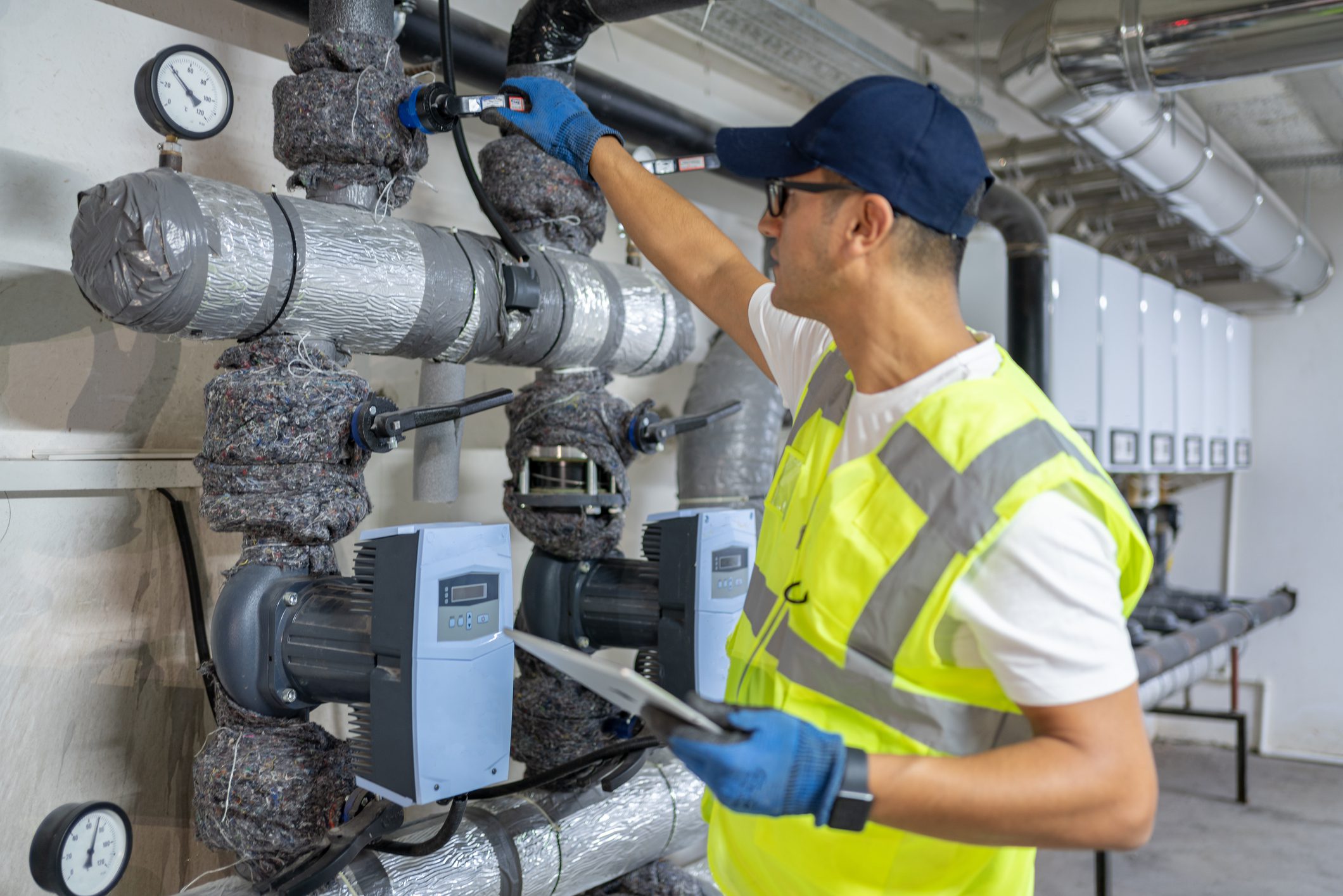 Technician inspecting industrial pipes in facility.