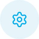 Blue gear icon on light blue background.