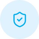 Shield icon with checkmark on blue background.
